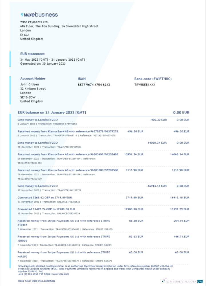 Download United Kingdom Wise Business bank statement Word and PDF template Photoshop template